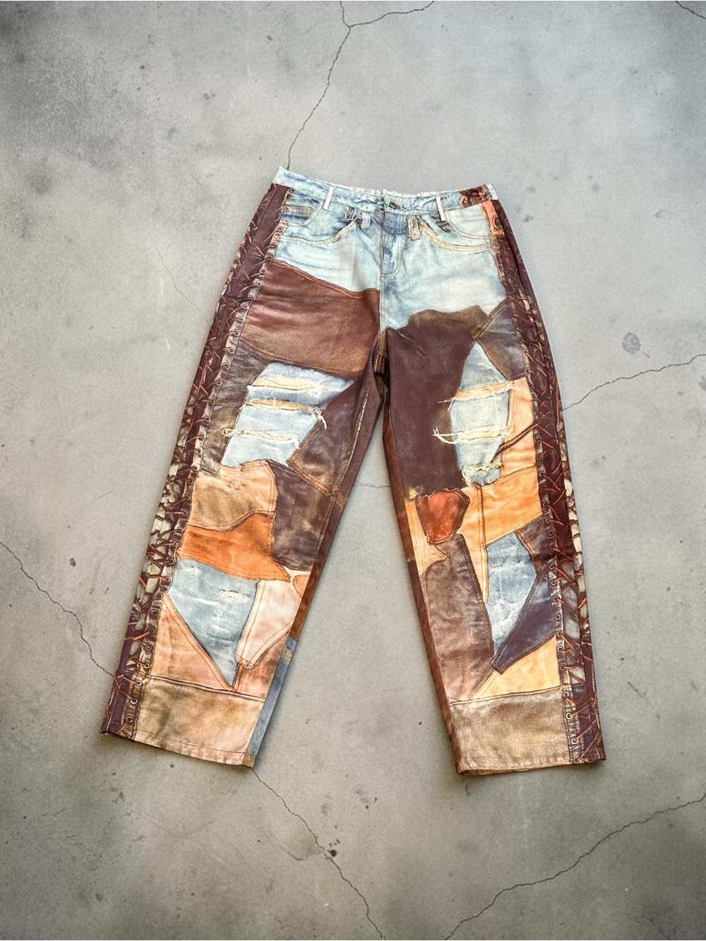 Micas Patchwork Denim Wide Leg Jeans Distressed Brown Blue NWT Extra Large XL